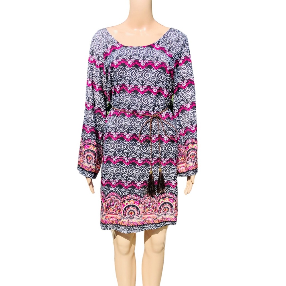 Derek Heart NWOT multicolored dress with rope and tasseled belt Sz L